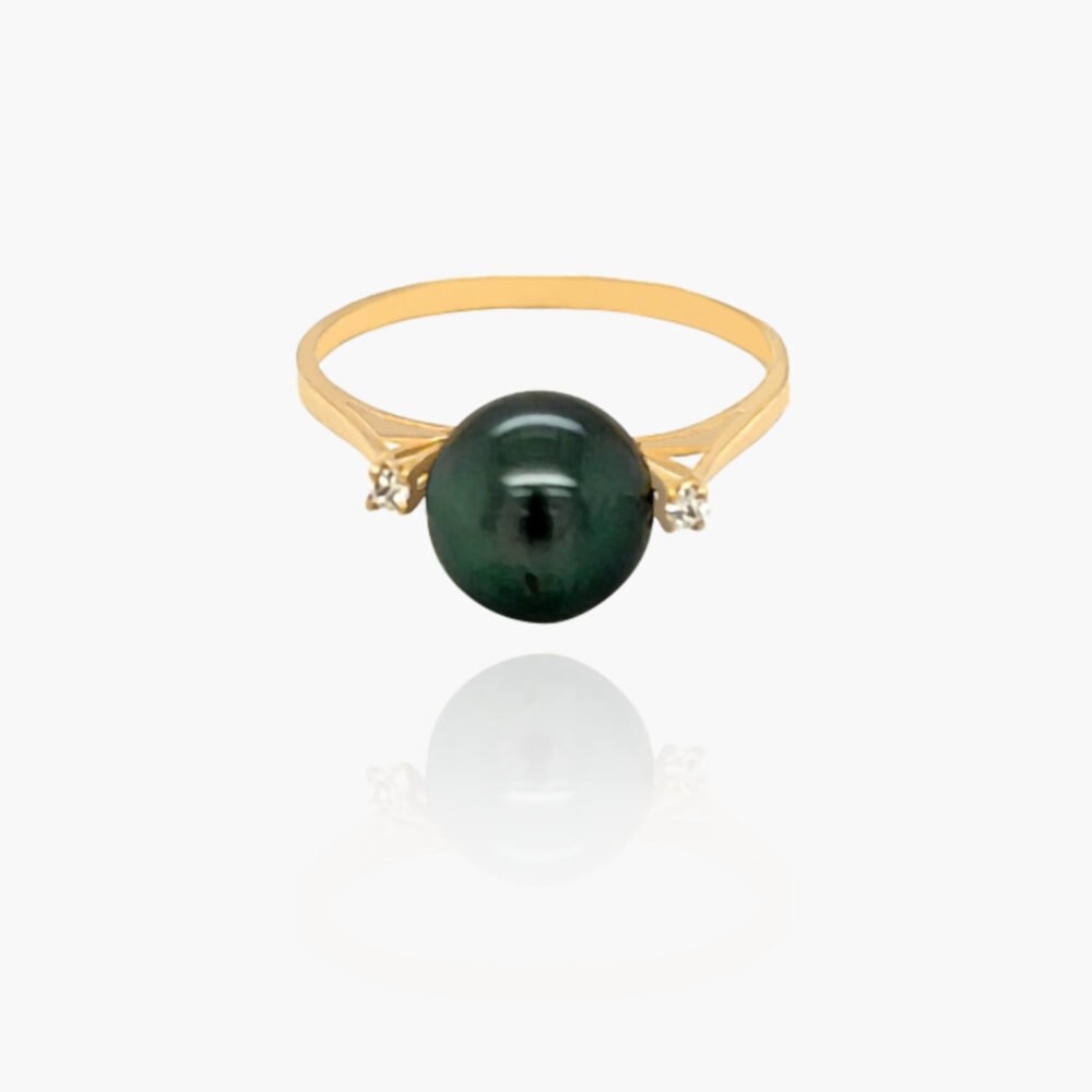 18K Gold Tahitian Black Pearl Dual Diamond Ring
