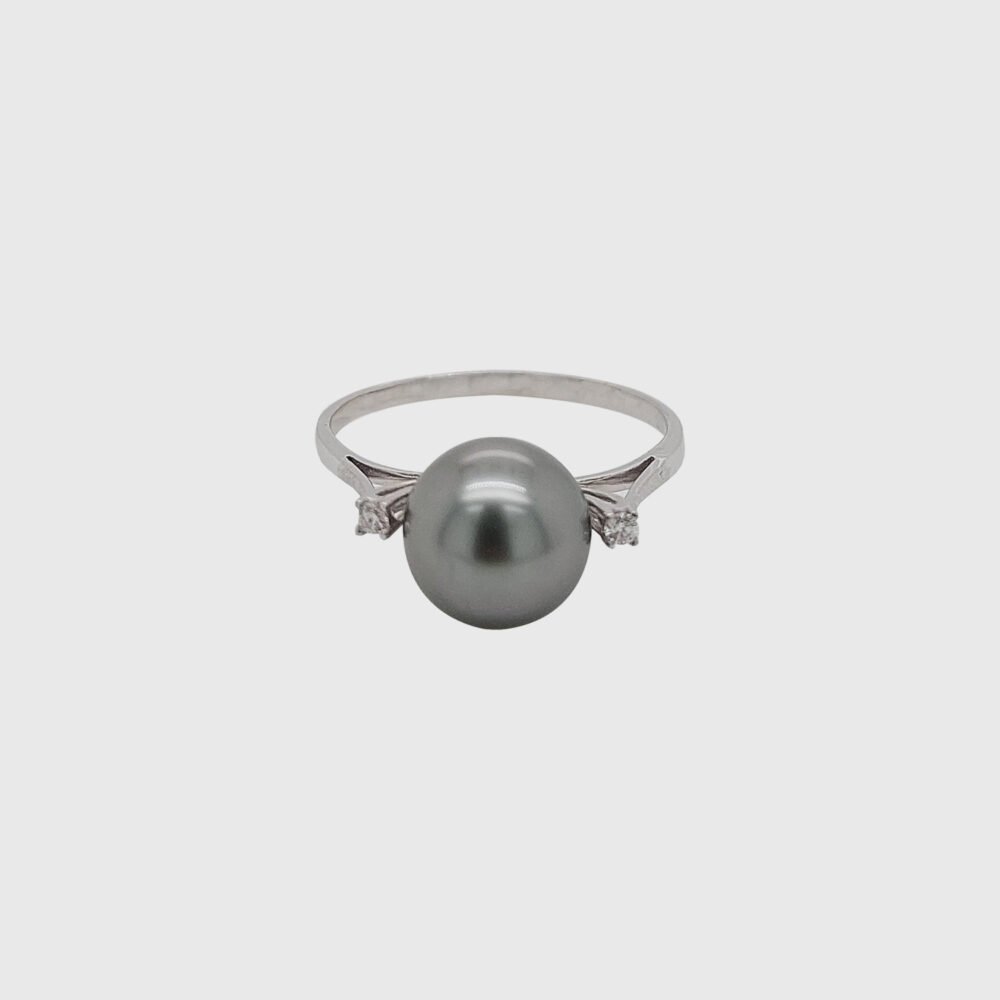 18K Gold Tahitian Black Pearl Dual Diamond Ring - Image 3