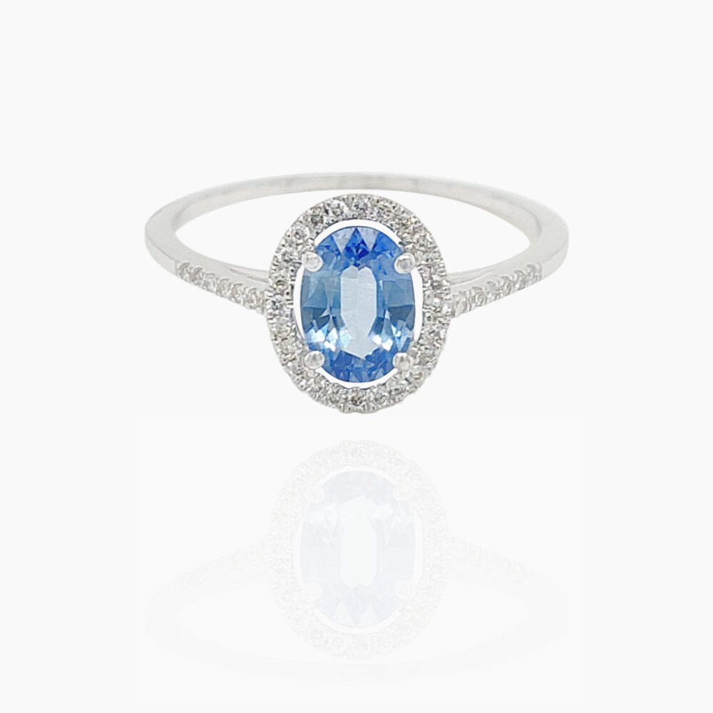 Sapphire 49 Head with Halo and Side Diamonds 18K Gold Ring