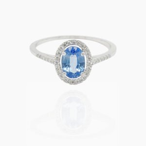 Sapphire 49 Head with Halo and Side Diamonds 18K Gold Ring