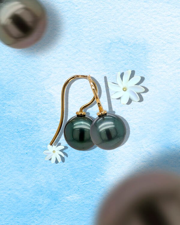 18K Gold Tahitian Black Pearl French Hook Earrings - Image 2