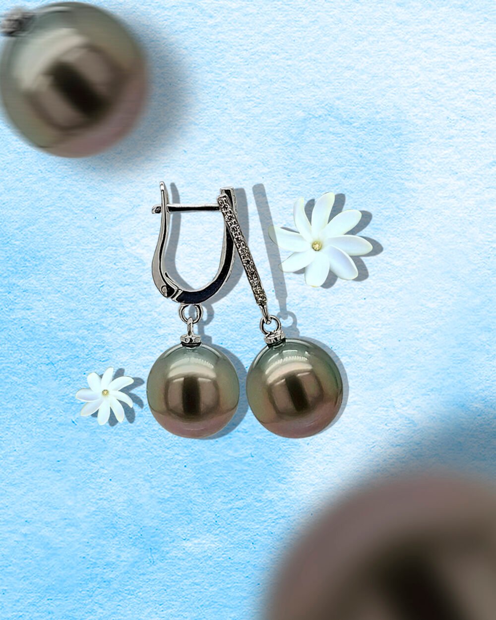 18K Gold Tahitian Black Pearl Diamond English Lock Earrings - Image 2