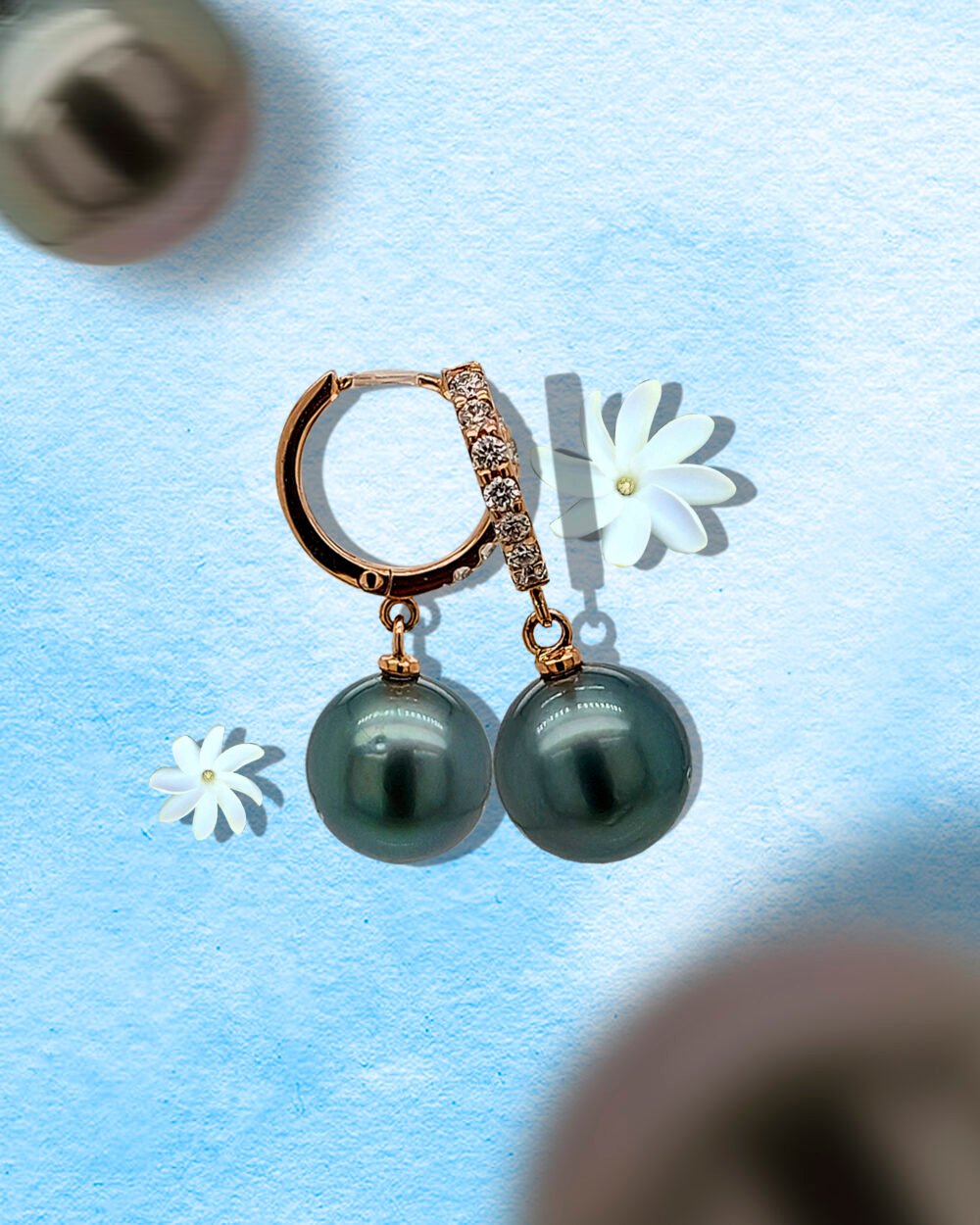 18K Gold Tahitian Black Pearl Diamond Huggies Earrings - Image 2
