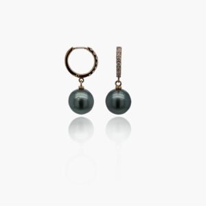 18K Gold Tahitian Black Pearl Diamond Huggies Earrings