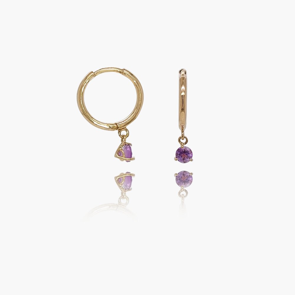 18K Gold Amethyst Dangle Huggies Earrings