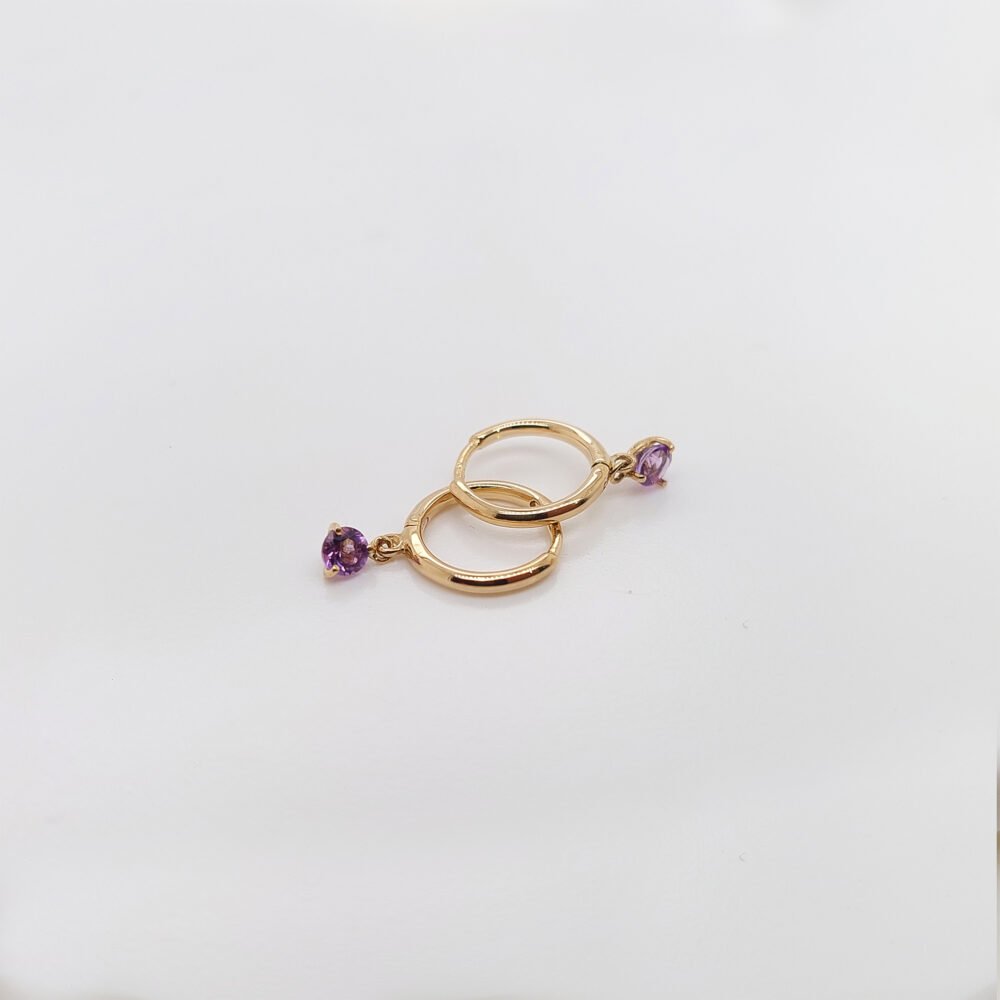 18K Gold Amethyst Dangle Huggies Earrings - Image 2