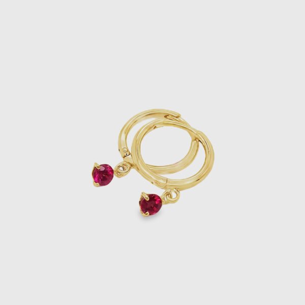 18K Gold Ruby Dangle Huggies Earrings - Image 2