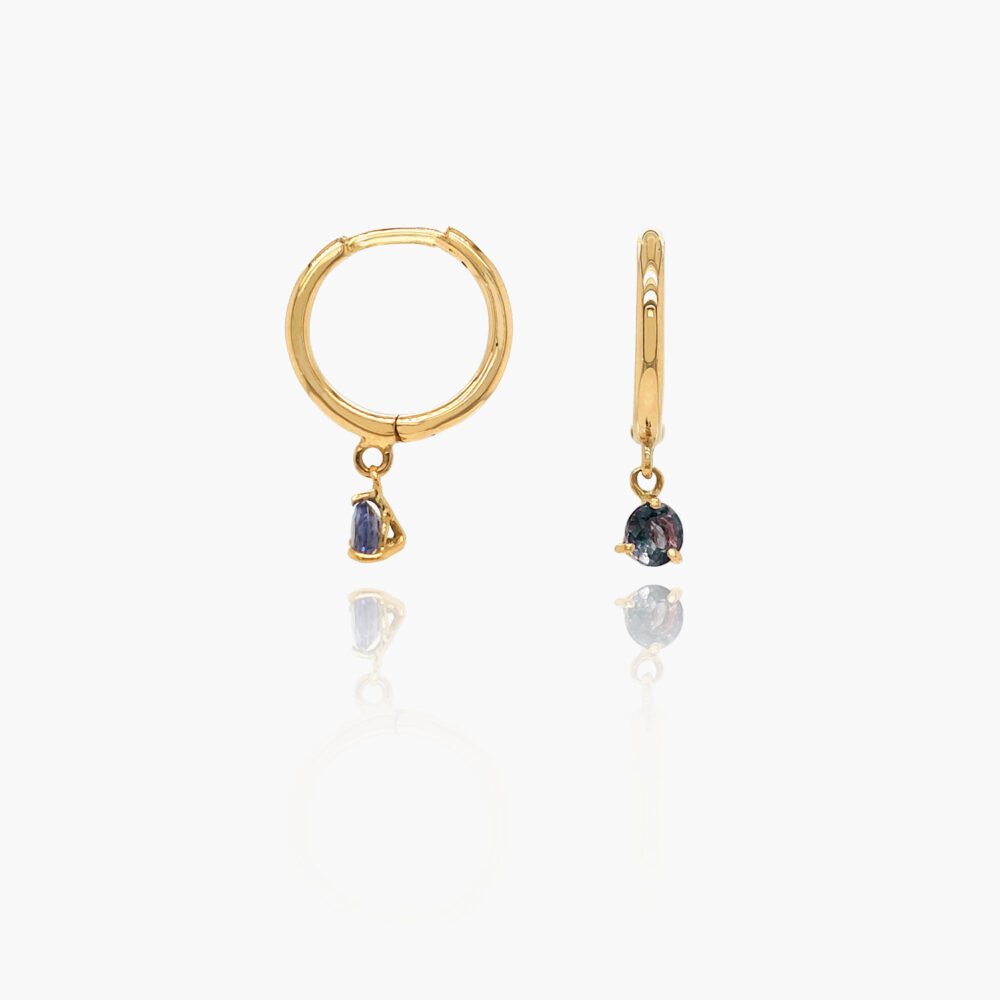 18K Gold Iolite Dangle Huggies Earrings