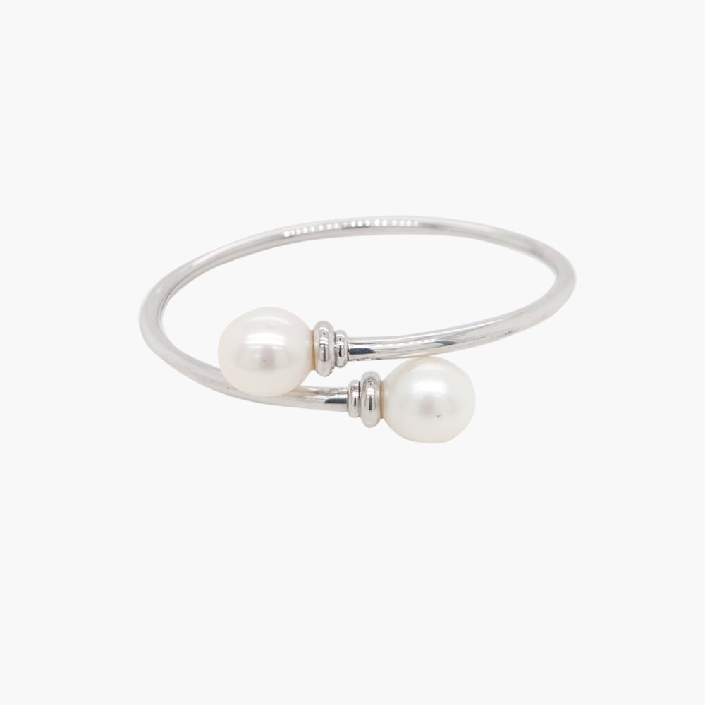Sterling Silver Open Bangle with Double-Ring Accent & Two Freshwater Pearl Ends