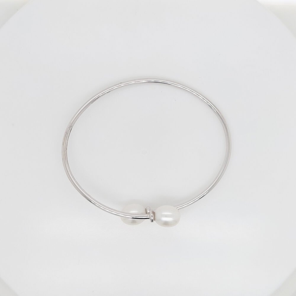 Sterling Silver Open Bangle with Single-Ring Accent & Two Freshwater Pearl Ends - Image 2