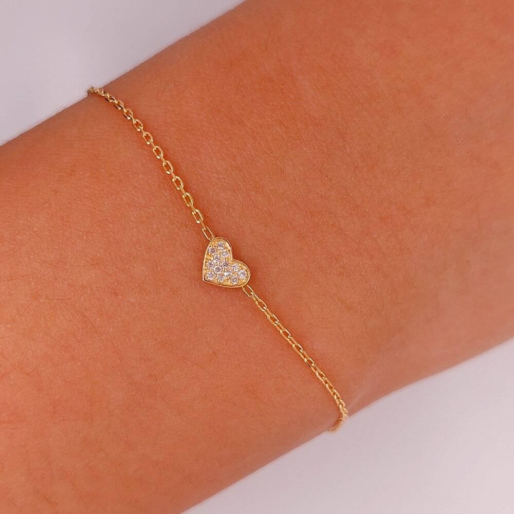18K Gold Chain Heart Diamond Pendant Bracelet - Image 3