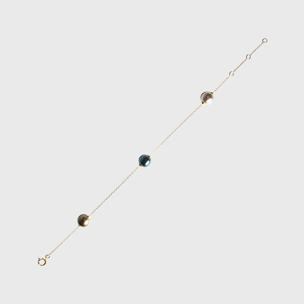 18K Gold Chain with Triple Tahitian Black Pearl Pendant Bracelet