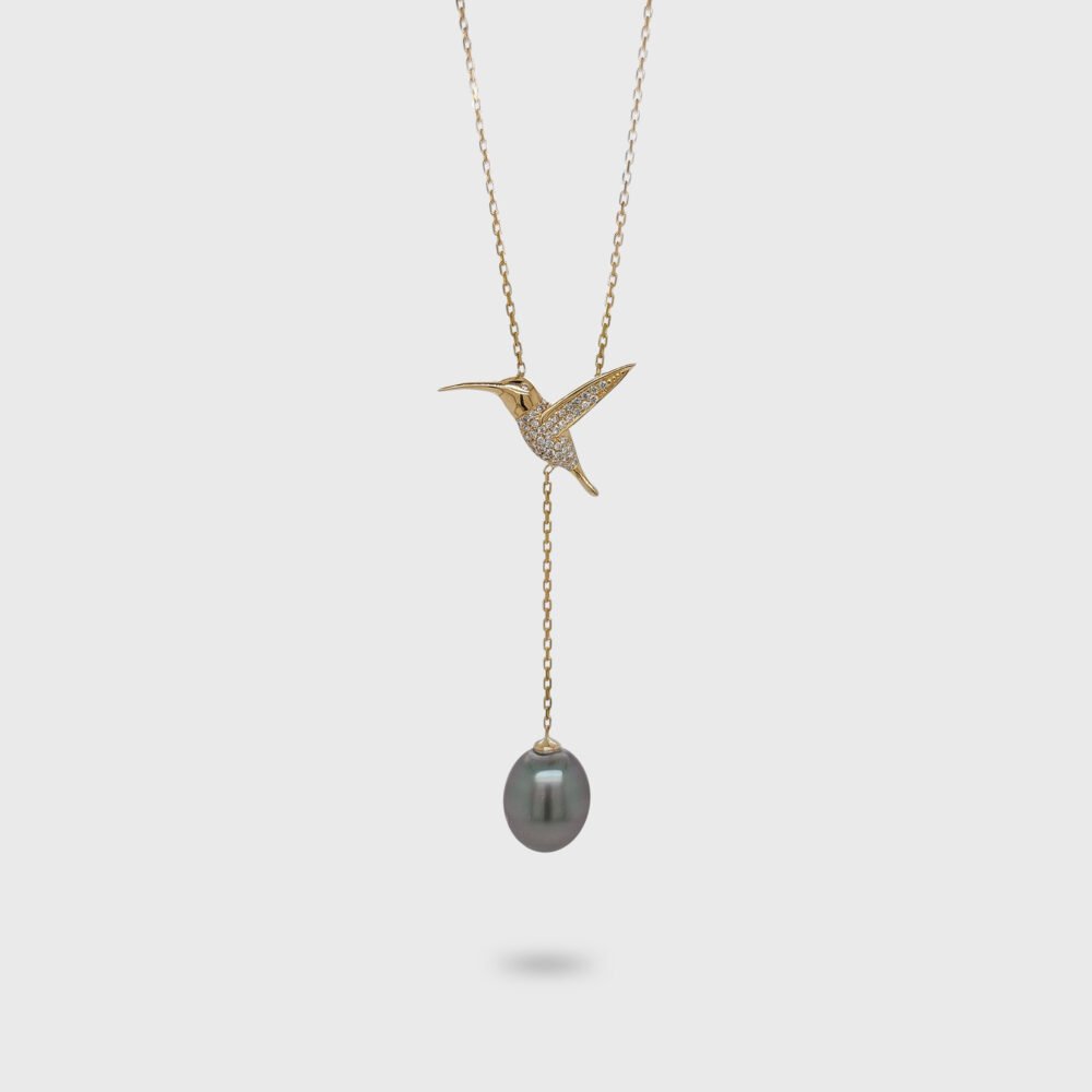 18K Gold Diamond Hummingbird Tahitian Black Pearl Lariat Necklace