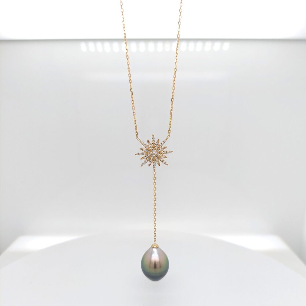 18k Gold Flower Diamond Bail Tahitian Black Pearl Lariat Necklace