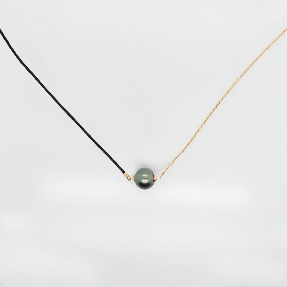 18K Gold Tahitian Black Pearl Nylon Chain Necklace