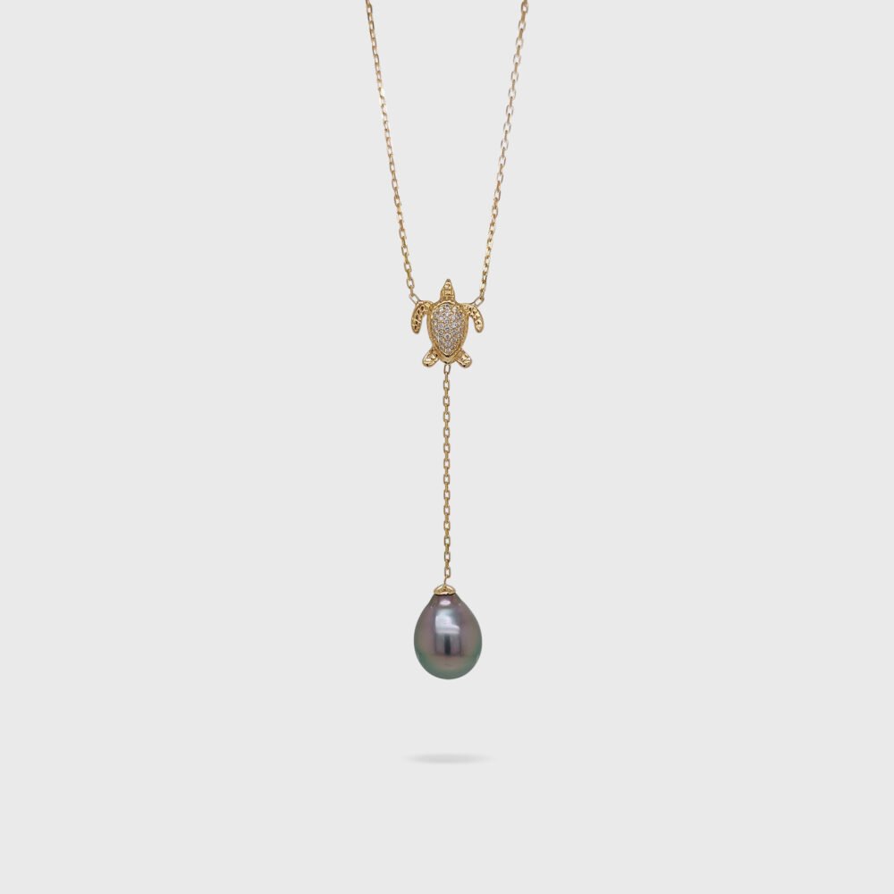 18K Gold Diamond Turtle Tahitian Black Pearl Lariat Necklace