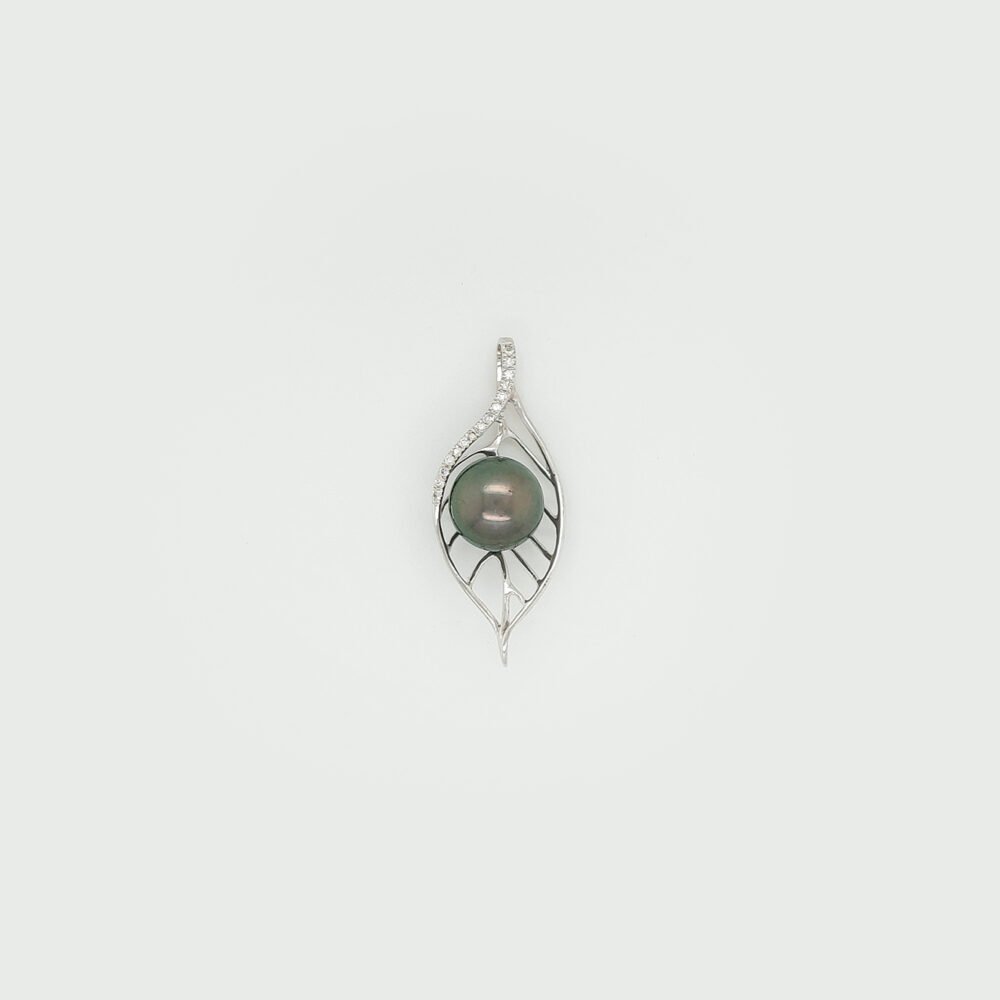 18K Gold Diamond Leaf-shaped Tahitian Black Pearl Pendant - Image 2