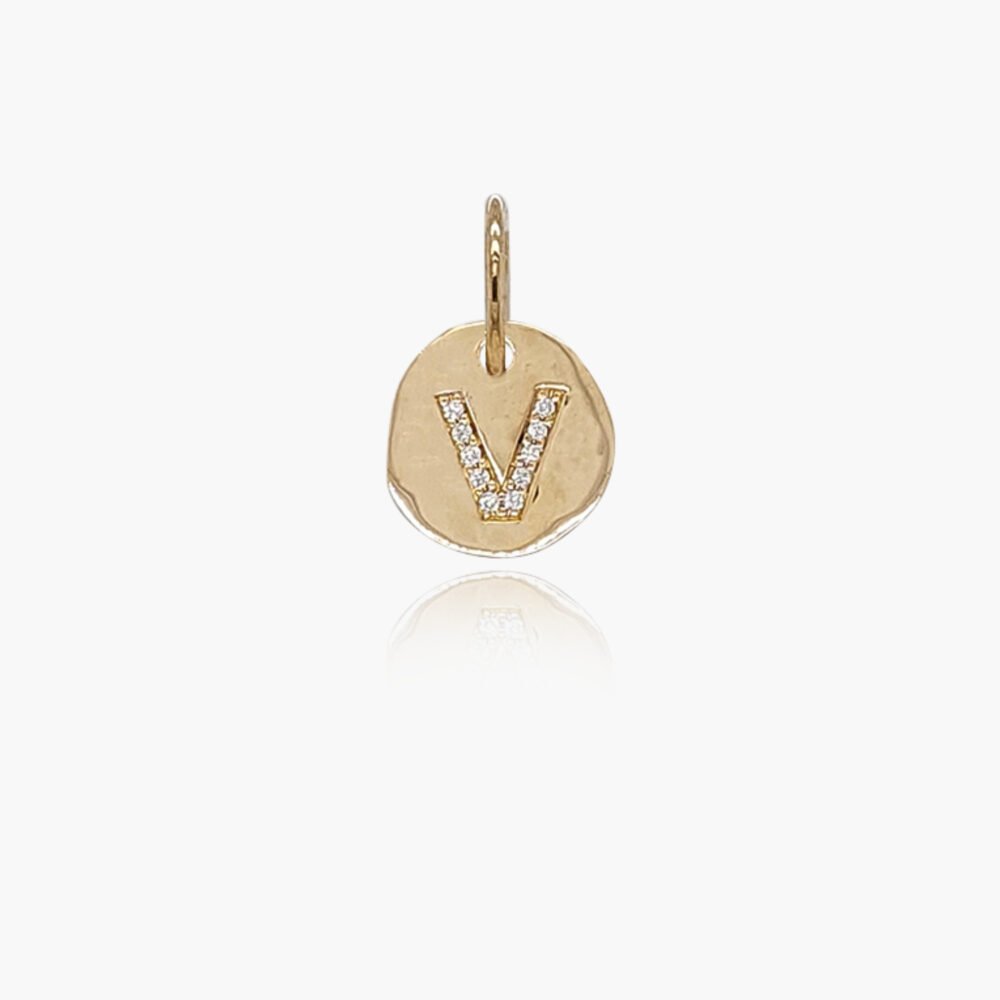18K Gold 10.5mm Letter "V" Diamond Pendant