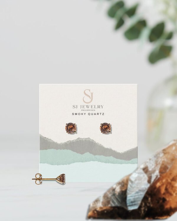 18K Gold Smoky Quartz Head Stud Earrings | Semi Precious Stone - Image 2